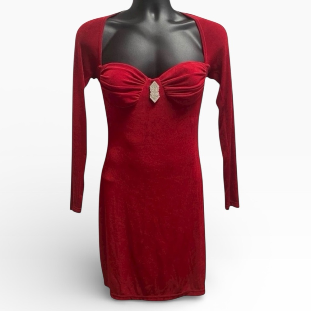 Vintage Red Velvet Bodycon Dress Long Sleeve Open Back Roberta Bridal